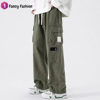 Fancy Fashion กางเกงทํางานทรงตรงผู้ชายหลวมสีทึบกางเกงลําลองกันลม
