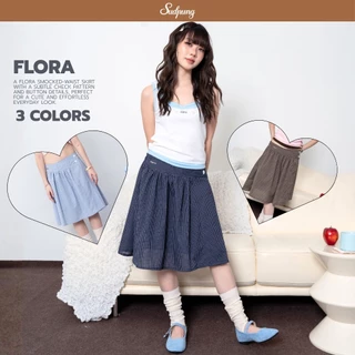 Flora_SP124 กระโปรงสก็อตเอวยางยืด ทรงเอไขว้หน้า กระดุมหัวใจ มีซับ ใส่สบายสไตล์เกาหลี