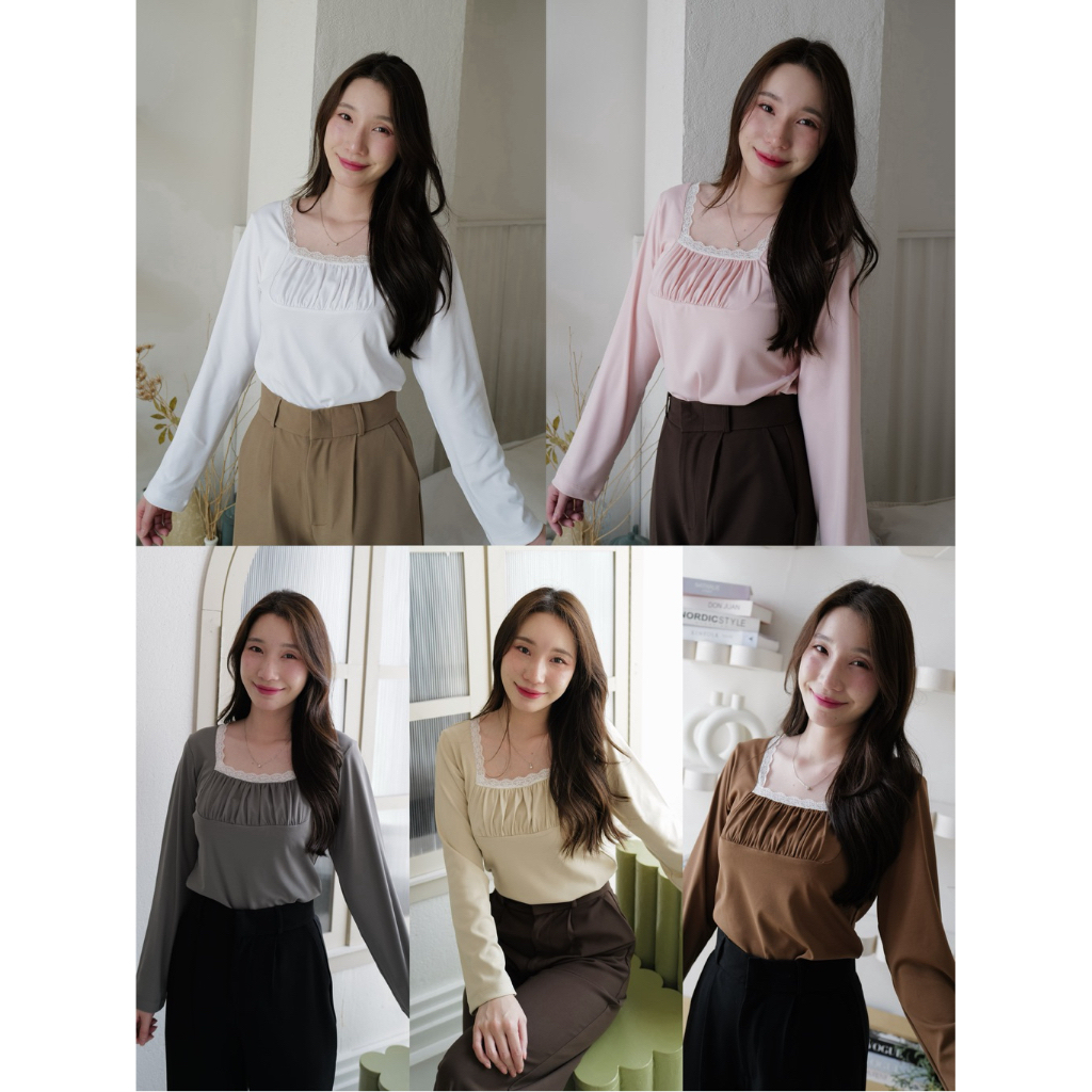 เสื้อคอเหลี่ยม ‘ย่น’ แขนยาวอกแต่งลูกไม้✨