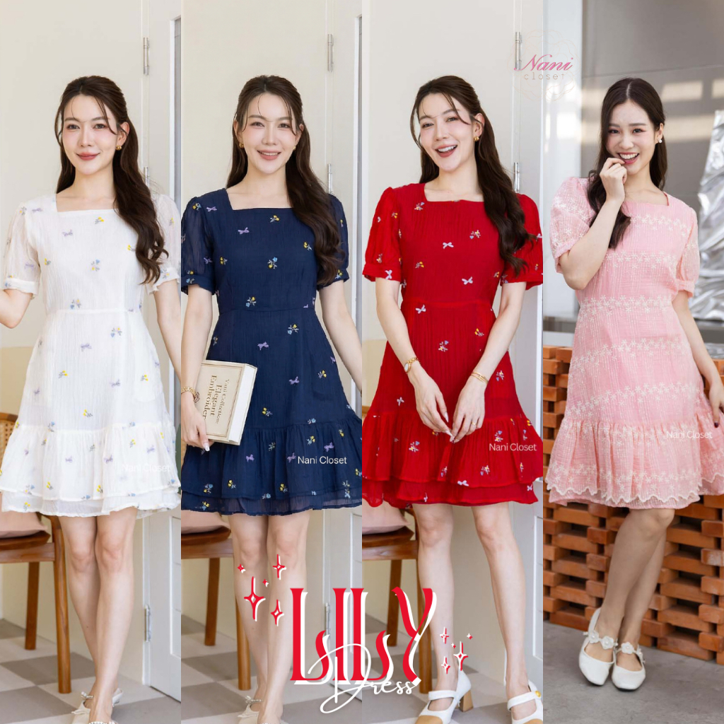 Lily Dress เดรสทำงาน ผ้าชีฟองปักลายในตัว คอเหลี่ยม เอวตัดต่อ มีซับในทั้งชุด classy ดูดีมากค่า – โปรปัง