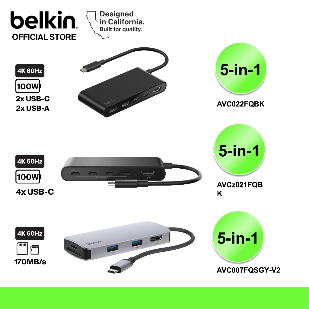 Belkin AVC007-V2/021/022 ฮับมัลติพอร์ต 5-in-1 พอร์ต HDMI รองรับภาพ 4K รองรับ Mac, Windows, Android