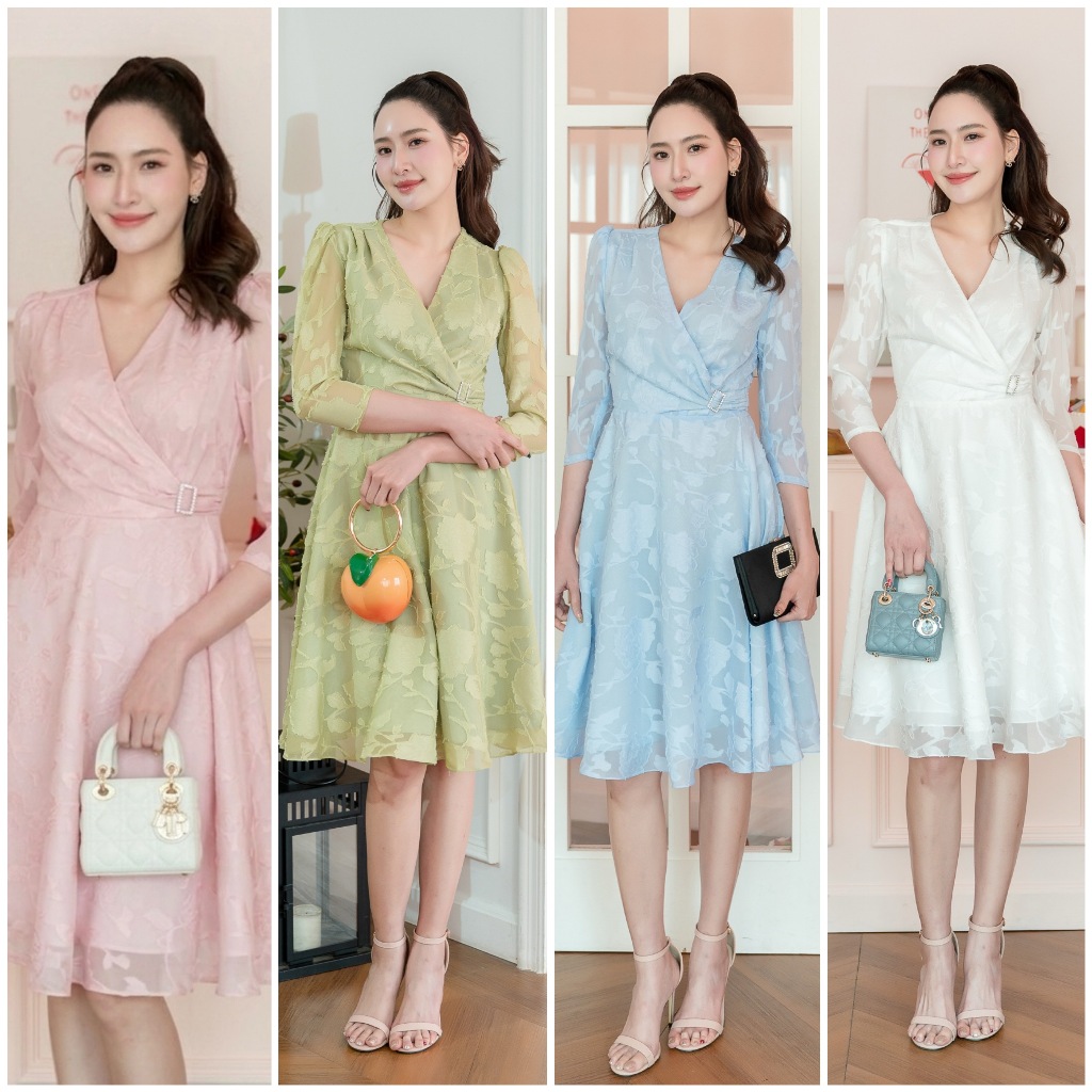 PD106 Sunshine Dress เดรสผ้าชีฟอง คอวีป้าย แต่งเพชร แขนห้าส่วน กระโปรงบานย้วย