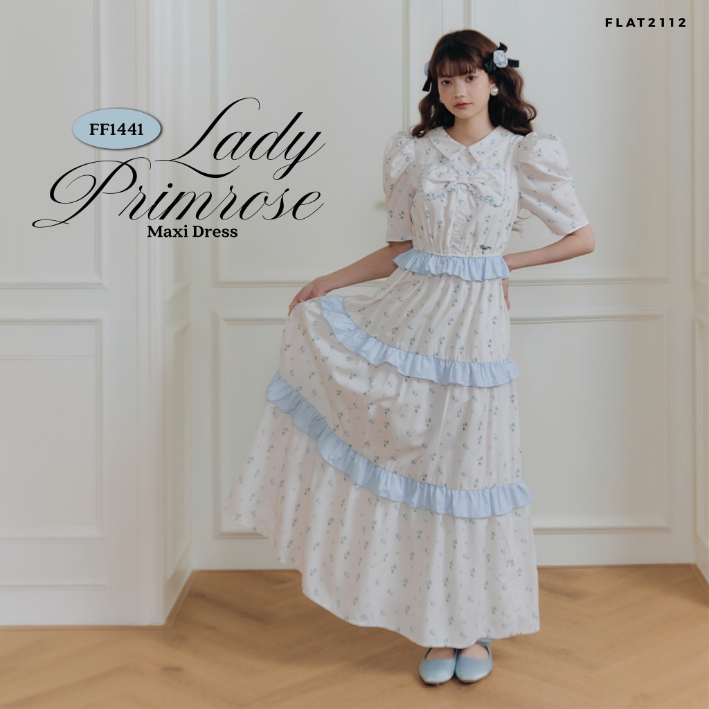 FLAT2112 : LADY PRIMROSE MAXI DRESS เดรสยาวลายดอกไม้ เดรสยาวสีฟ้าครีม เดรสลูกคุณ เดรสใส่เที่ยว เดรสค