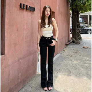 MOTTOM - BLACK LEEJENT JEANS ม้าน้อย กางเกงยีนส์ผู้หญิงทรงเอวสูงขาม้า สีดำ