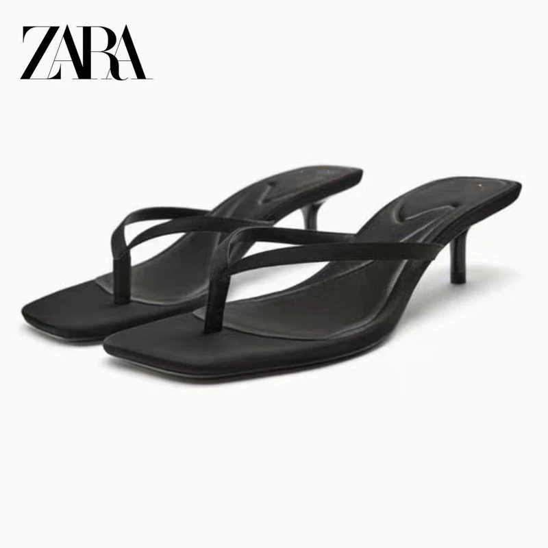 Zara ใหม่ รองเท้าแตะส้นสูง สีดํา มีสายรัดข้อเท้า