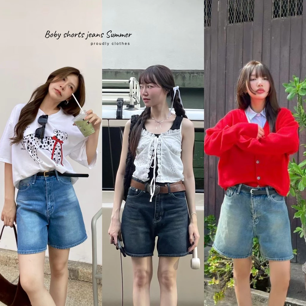Proudly - Boby shorts jeans Summer กางเกงยีนส์ขาสั้น ทรง2ส่วนเอวสูง ใส่แล้วขายาว S-3XL(พร้อมส่ง)
