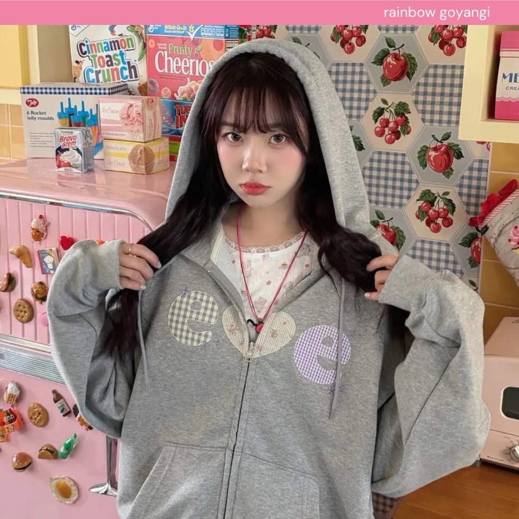 ILLIGO Check Flower Hoodie Zip Up 🌼🎀 (gray / black)