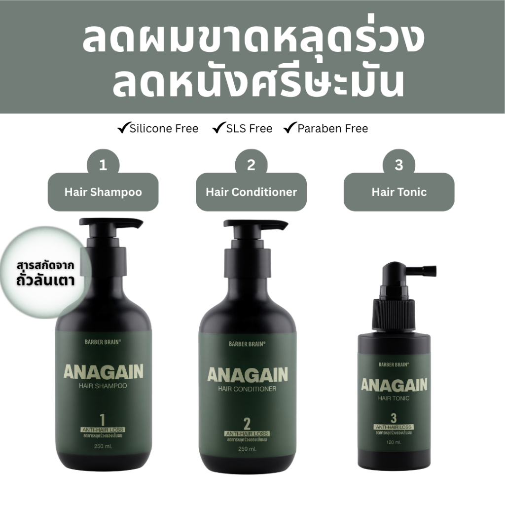 Barber Brain ANAGAIN Series สารสกัดจากถั่วลันเตา แชมพูลดผมขาดหลุดร่วง ลดหนังศรีษะมัน BB-201,BB-202,B