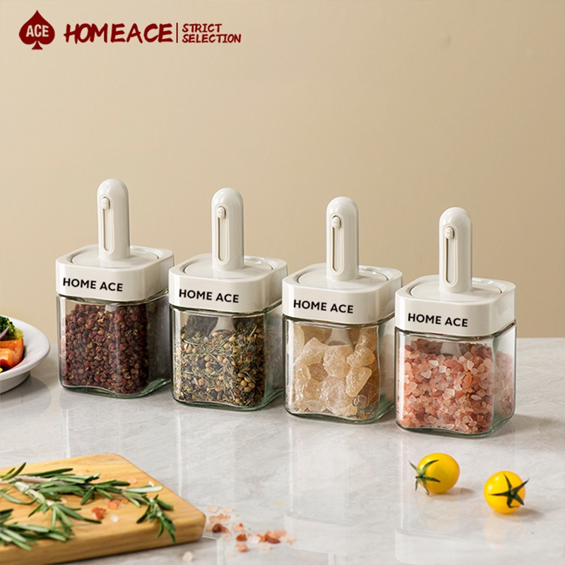 HOME ACE ขวดใส่เครื่องเทศ แก้ว พร้อมช้อนตักยืดได้ กันชื้น กันฝุ่น ปิดสนิท ใช้งานสะดวก ห้องครัว