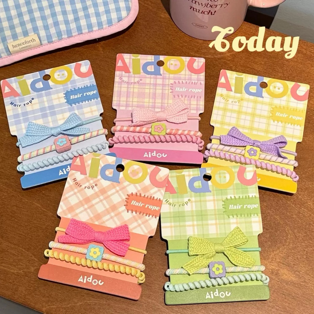 Cute 490 ยางมัดผม ยางรัดผม หนังยางโบว์พาสเทลสีหวาน 3 ชิ้น/แพ็ค