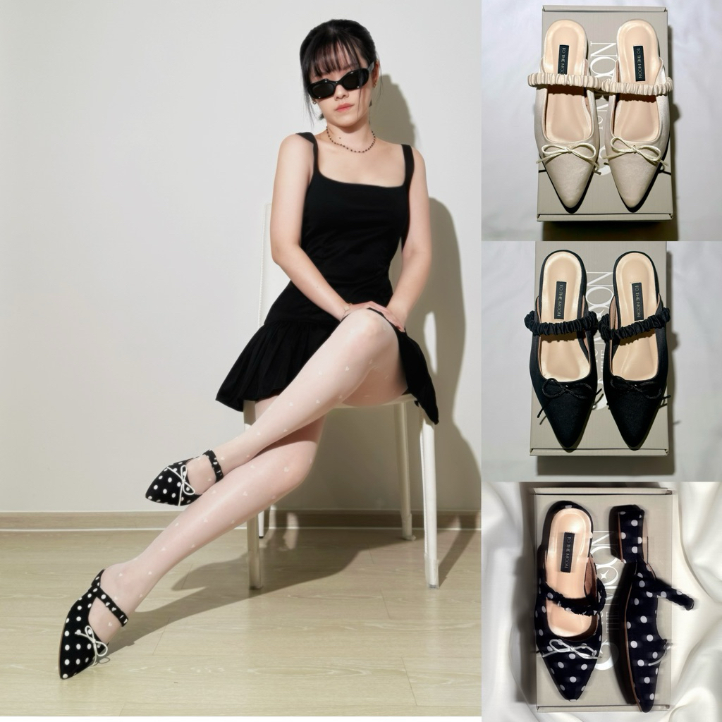 🔥[+1-2ไซส์] รองเท้าแมรี่เจน maryjanes หัวแหลม รุ่น ASH แบบสวมผ้าซาติน (Polka Dot shoes)