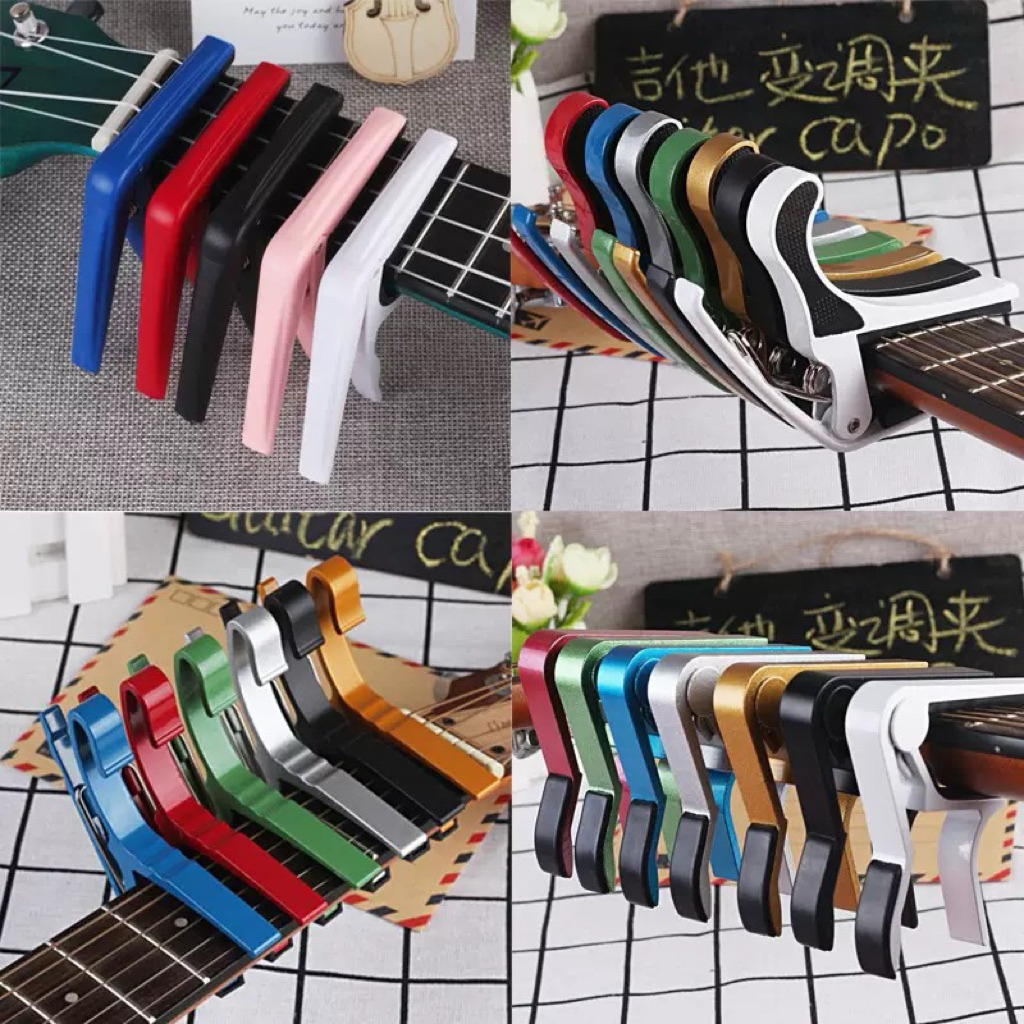คาโป้กีตาร์ (Guitar Capo) ซึ่งเป็นอุปกรณ์สำหรับหนีบที่คอกีตาร์เพื่อเปลี่ยนระดับเสียงของสายเปล่ามีหลายสีให้เลือก