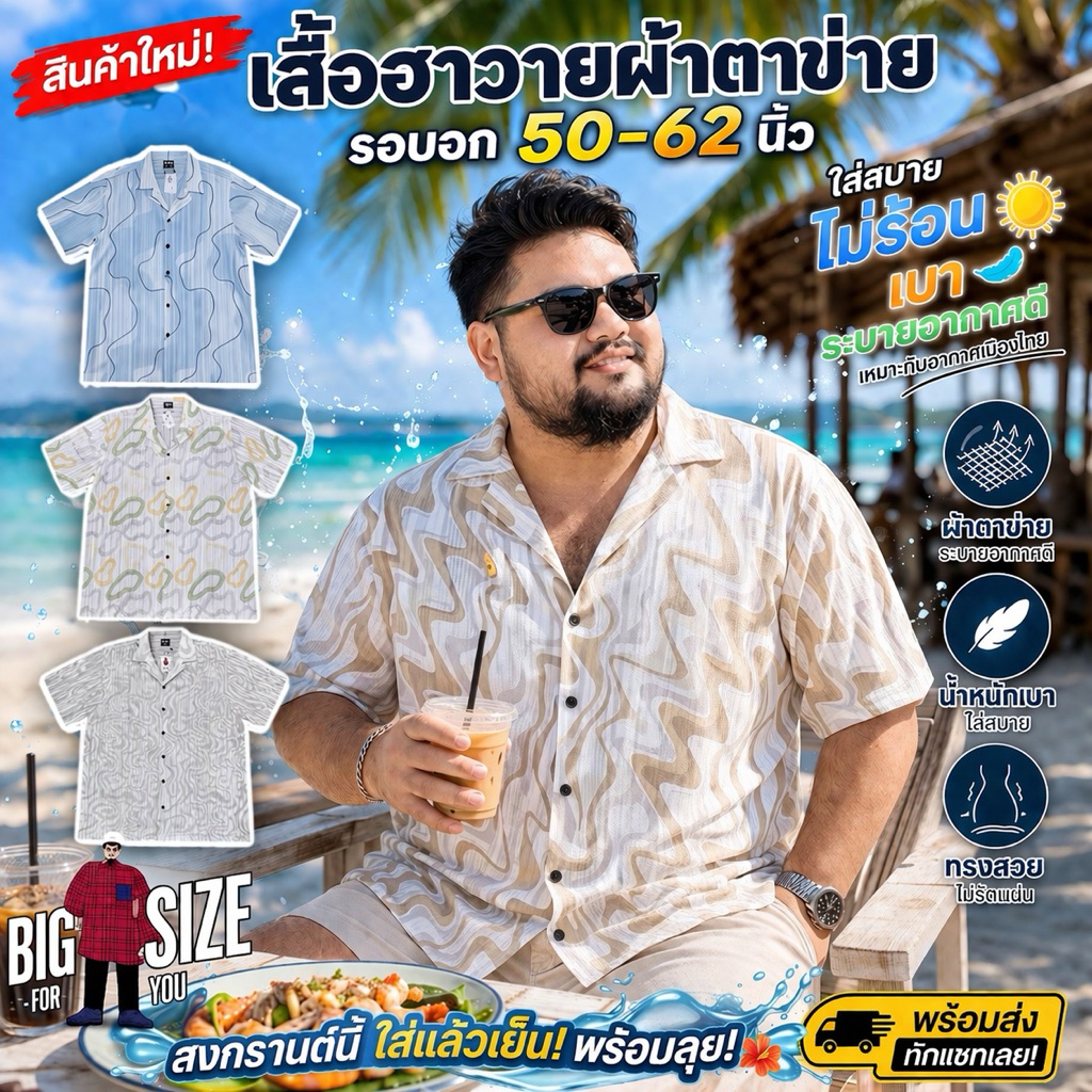 BIG SIZE FOR YOU เสื้อฮาวายผ้าตาข่าย ผ้าถัก ไซส์ใหญ่ อก 50-62นิ้ว ใส่สบาย โปร่ง เบา ไม่ร้อน 🌬️
