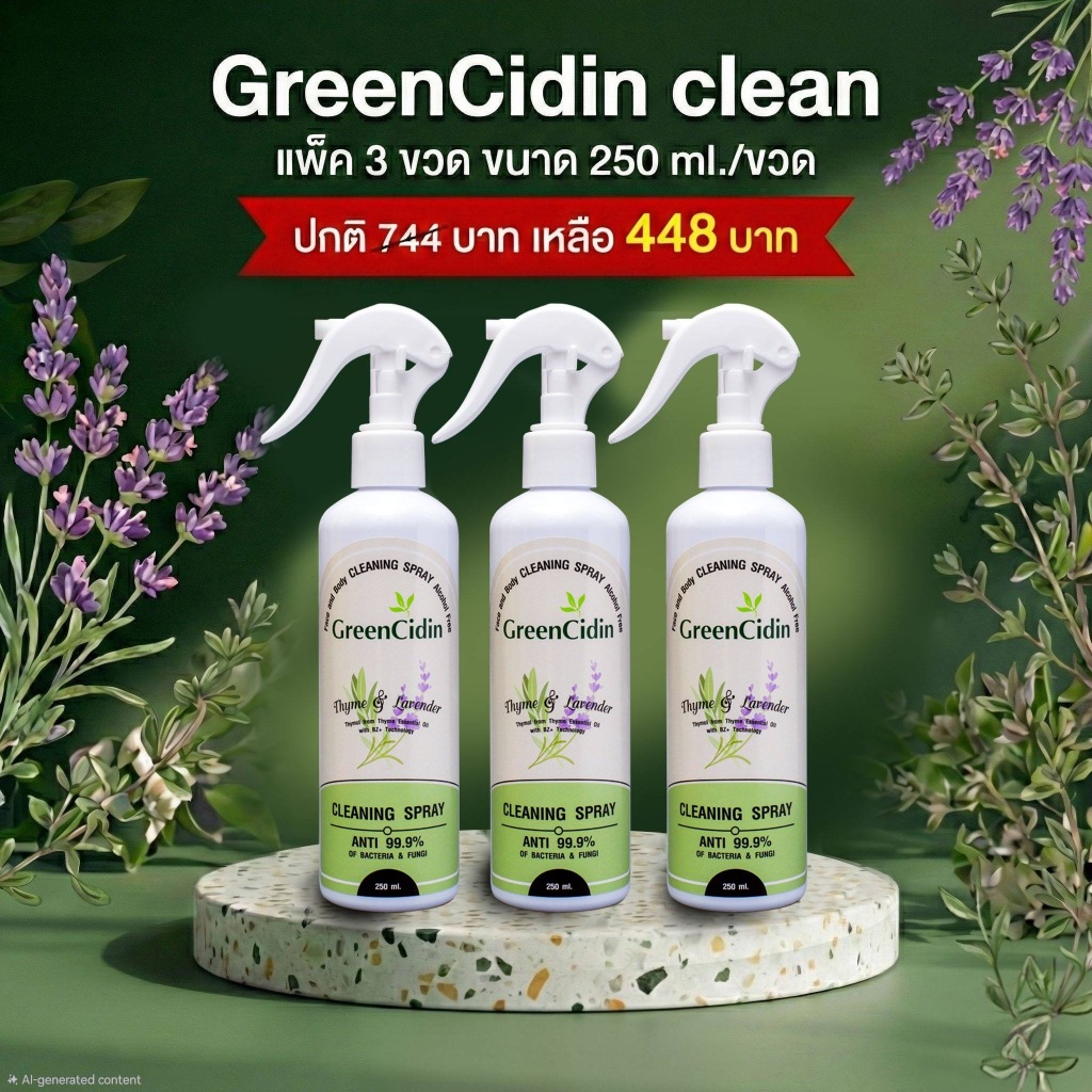 GreenCidin สเปรย์ทำความสะอาด ยับยั้งเชื้อแบคทีเรีย รา และ ไวรัส สูตรปราศจากแอลกอฮอล์ (น้ำยากรีนซิดิน)