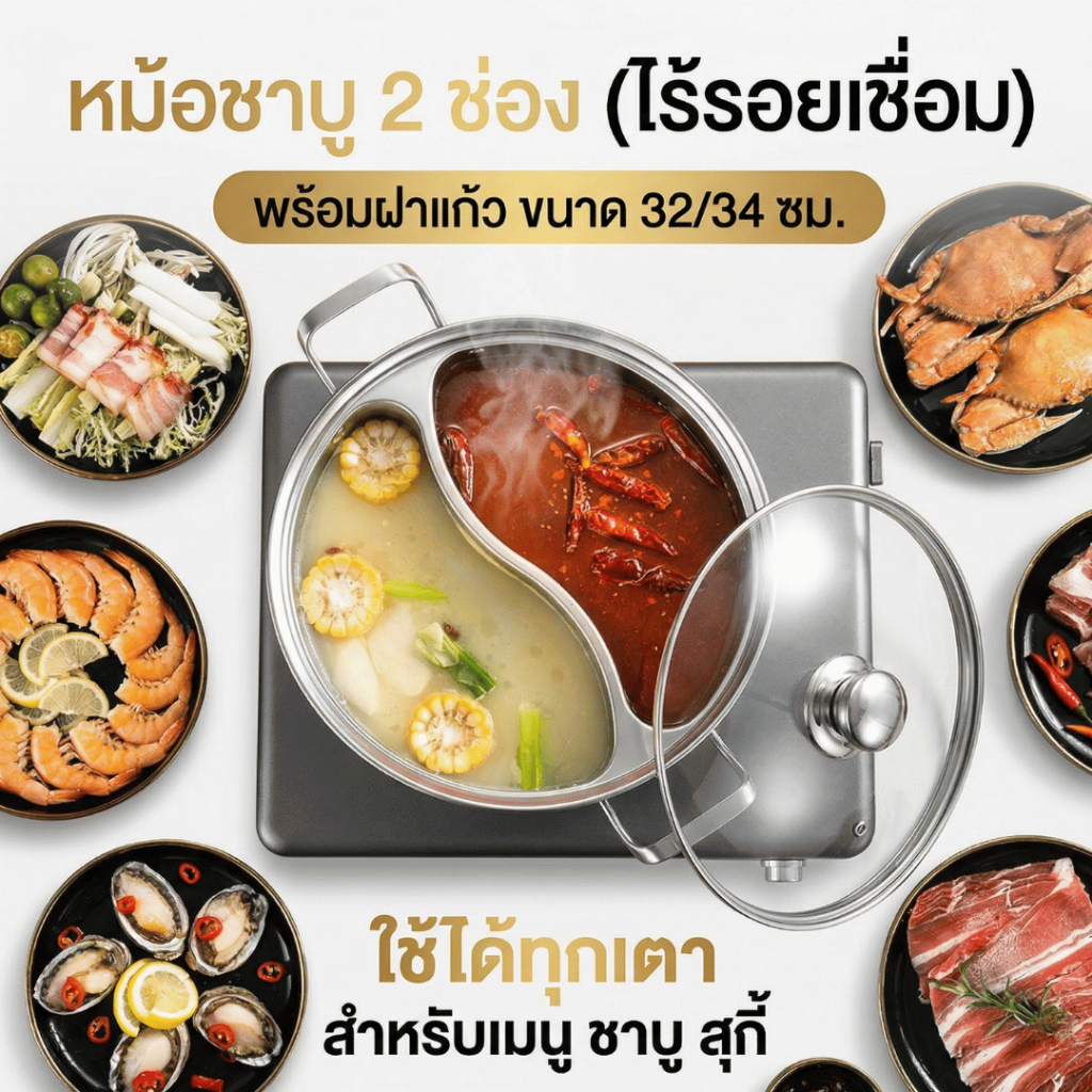หม้อชาบู2 ช่อง พร้อมฝาแก้ว ขนาด 32/34 ซม. (ไร้รอยเชื่อม) สแตนเลสแบบหนา ใช้ได้ทุกเตา สำหรับเมนู  ชาบู  สุกี้ พร้อมส่งTH