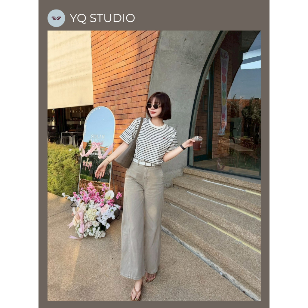 A676 YQ KOREAN SHOP Rado Jeans กก.ยีนส์ขากระบอกกลางโค้งมนเย็บตะเข็บสีลาเต้นัว ป้ายYQ