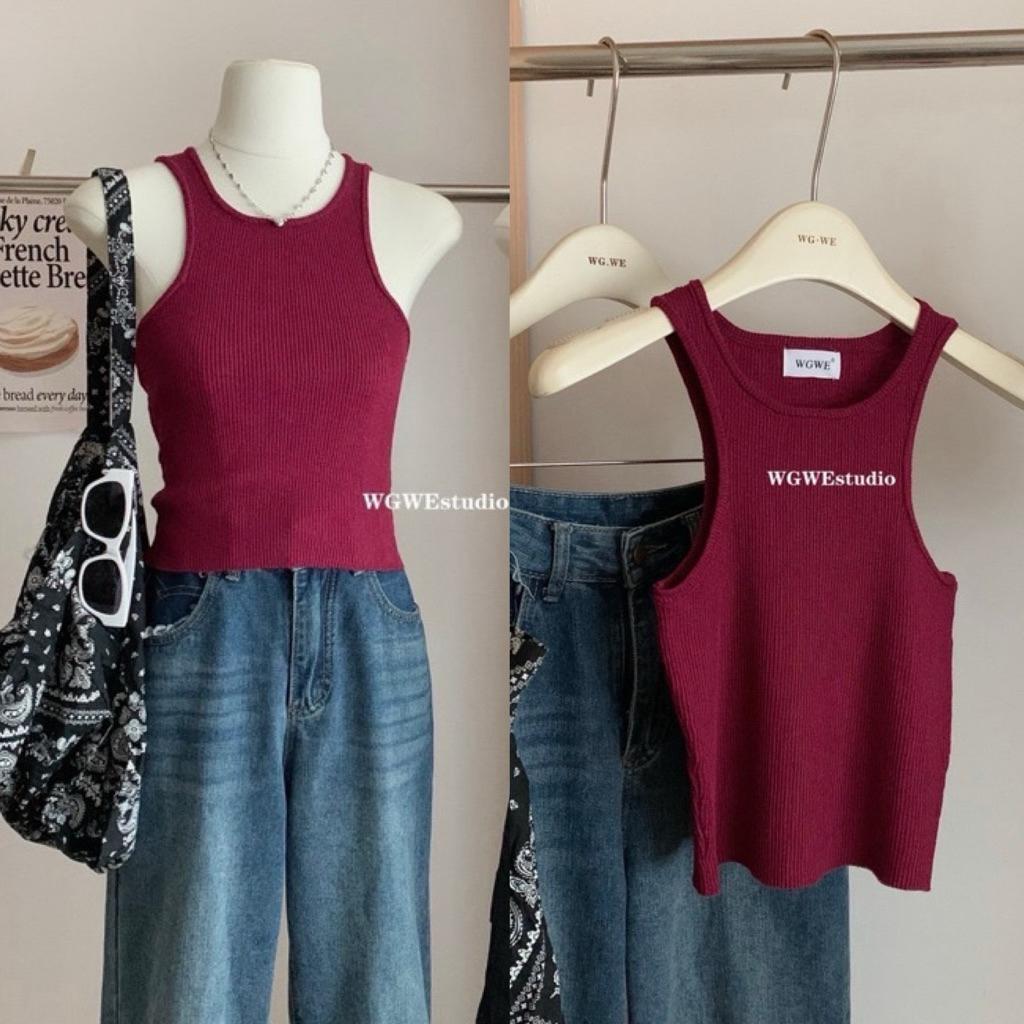 📍พร้อมส่ง แดง📍7983 เสื้อกล้ามครอป งานผ้าร่องไหมพรม เนื้อนิ่ม สีพื้น TAG WG.WE 🇰🇷