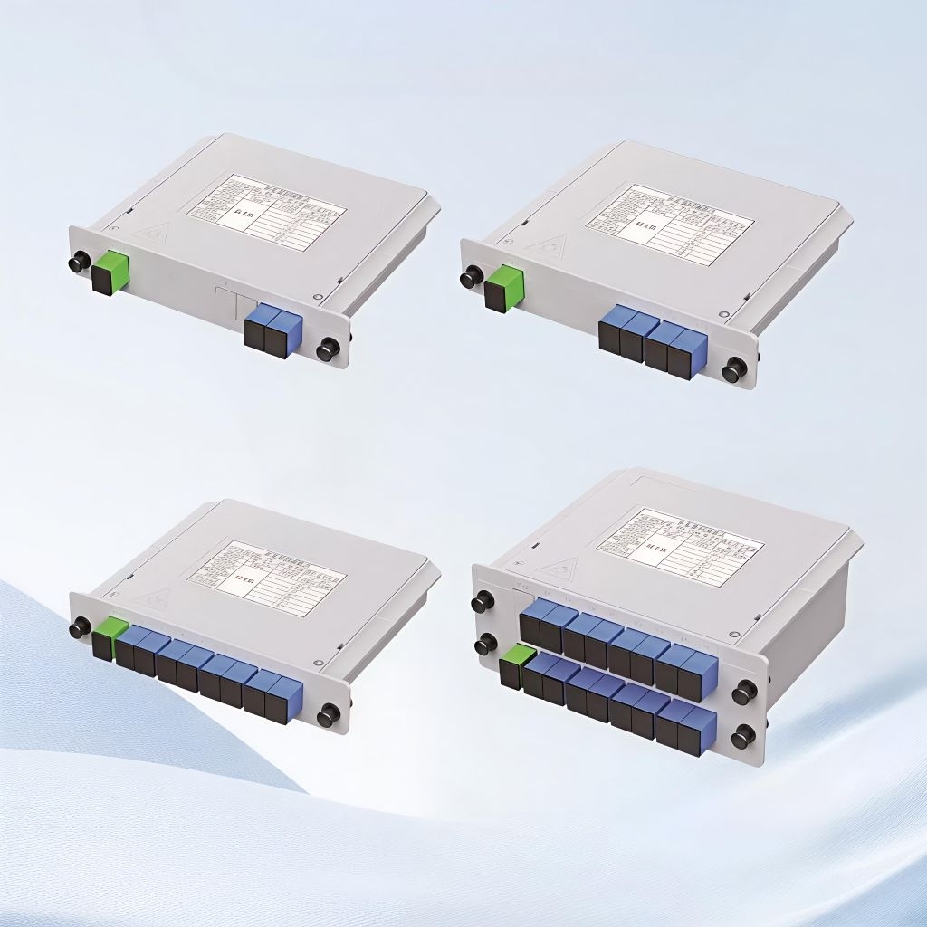 Fiberhome 1-2 1-4 1-8 1-16 SC UPC Optical Fiber PLC Splitter Cassette กล่อง Plug-in Type Optical Splitter ทั้งหมดสีฟ้า