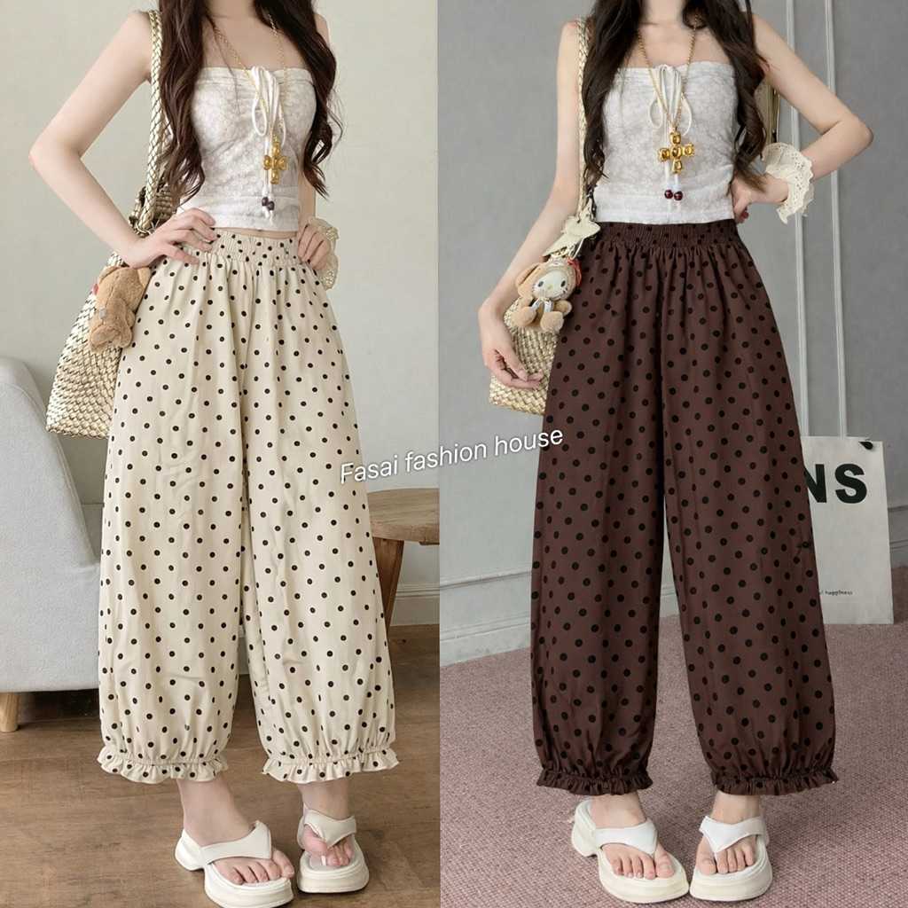 กางเกงบอลลูน ลายจุด Polkadot ขาระบาย (เอว 24-38) ผ้าเครปญี่ปุ่น ผ้านุ่มใส่สบาย
