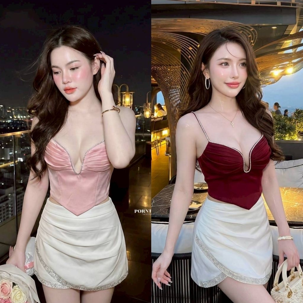 Porntida ชุดเซต2 ชิ้น เสื้อสายเดี่ยวตรงขอบเสื้อแต่งเพชร+ กระโปรงสีขาวแต่งขอบเพชร
