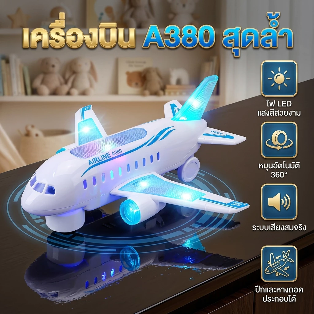 ของเล่นเครื่องบินแอร์บัส มีไฟ มีเสียง เคลื่อนที่ได้ 360° ตัวเครื่องบินแบบจำลอง ของเล่นสำหรับเด็กผู้ชายและเด็กผู้หญิง ของ