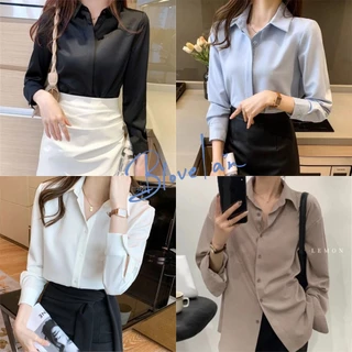 สไตล์เกาหลี แขนยาว เสื้อเชิ้ตผู้หญิงสีขาว เสื้อเชิ้ตแขนยาว ผ้าซาติน ทรงหลวม สไตล์เรโทร สําหรับผู้หญิง เสื้อเชิ้ต คอปก