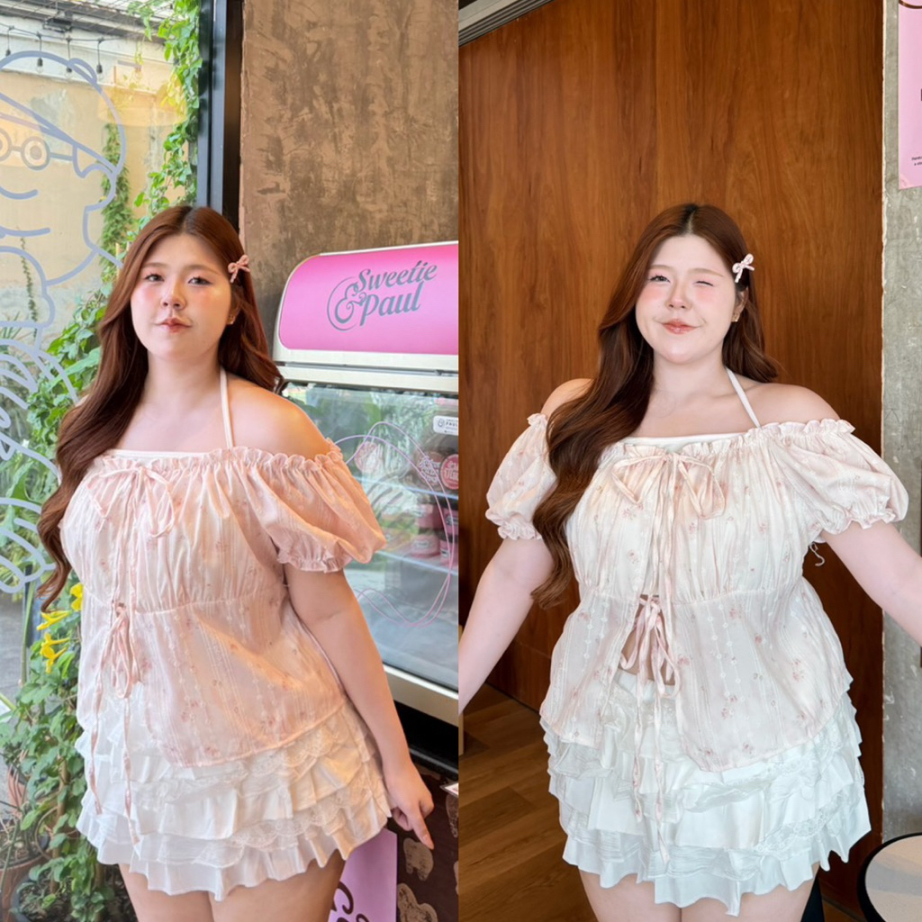 Nt เสื้อแขนตุ๊กตาผูกหน้า แต่งดีเทลเย็บเกาะอกผูกคอด้านใน ผ้าสีชมพูลายดอกกุหลาบน่ารัก