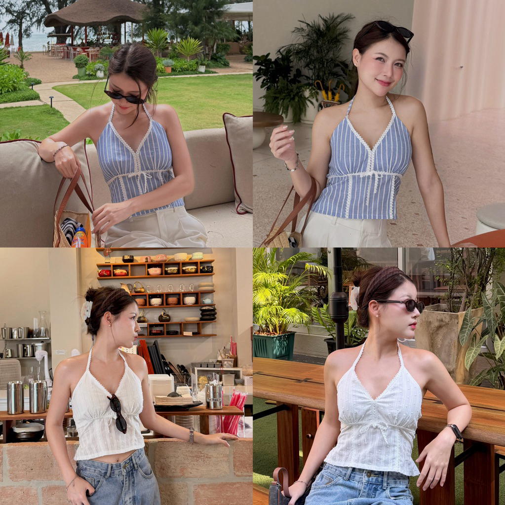 M37- เสื้อสายผูกคอ ลายทาง สม็อคหลัง ผ้าทิ้งตัว ใส่เที่ยวทะเล คาเฟ่ สไตล์เกาหลี