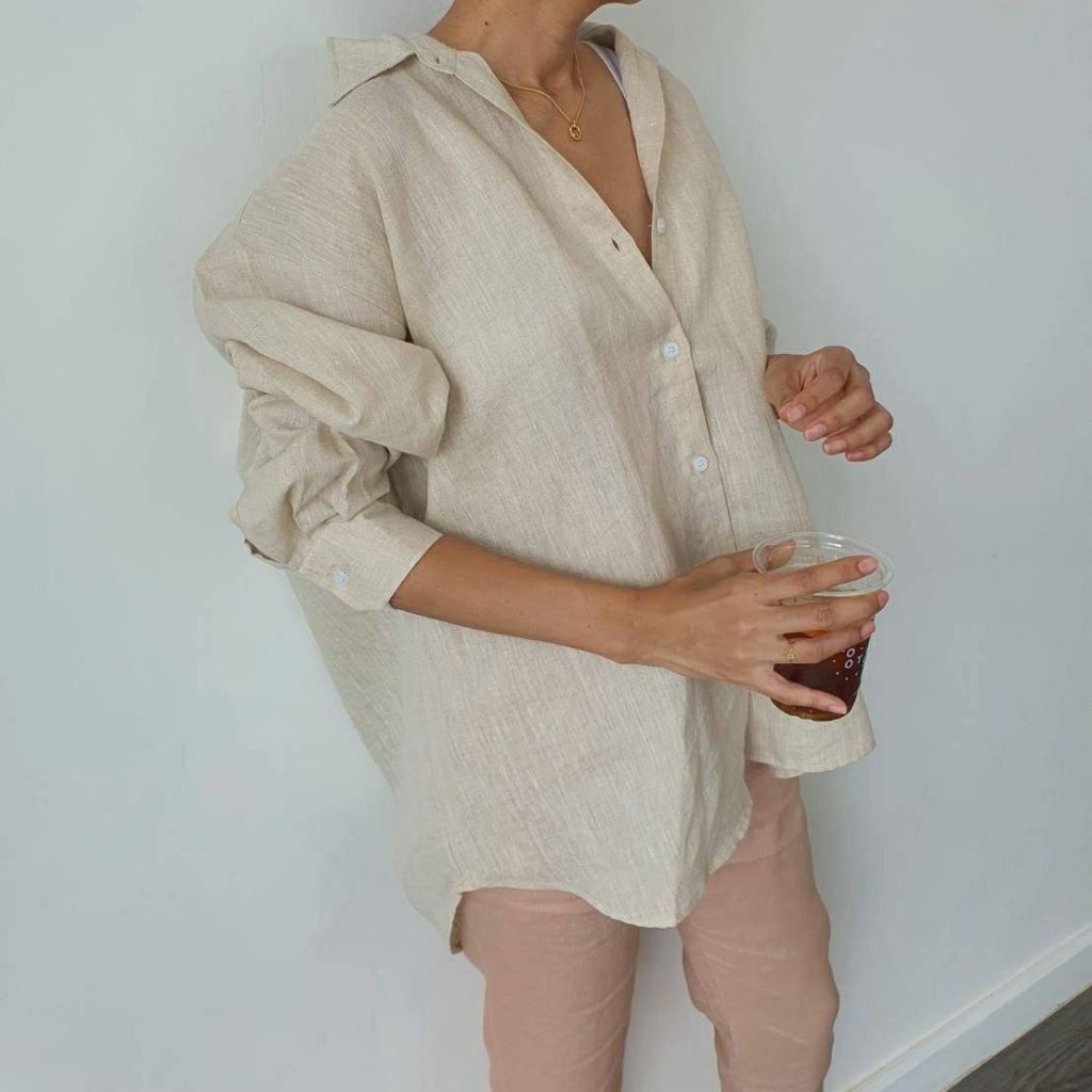 PLOWBRANDS - TL0001 Oversized shirt เสื้อเชิ้ตผ้าลินินแท้ เชิ้ตแขนยาวทรงหลวม ใส่ได้หลายสไตล์ ผ้าใส่สบาย