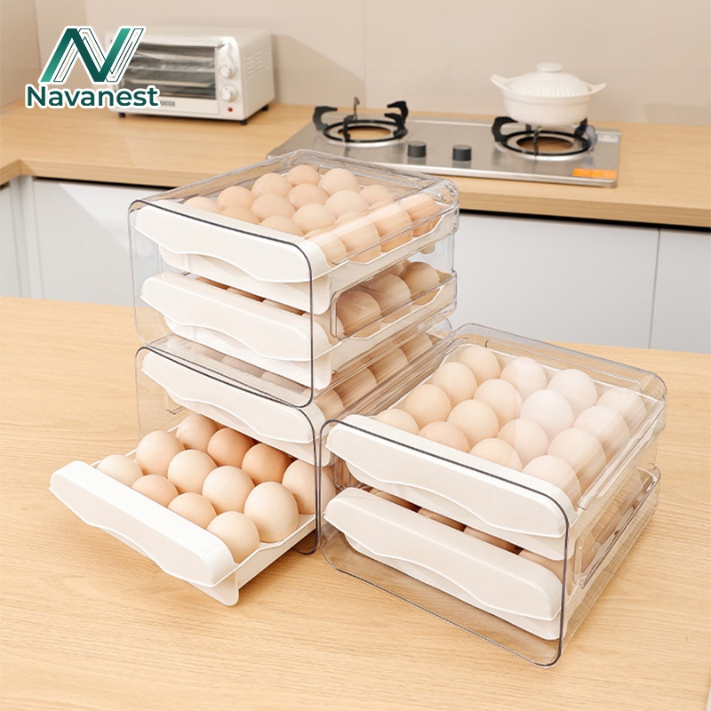 Navanest กล่องเก็บไข่ในตู้เย็น 1ชุด มี 2 ชั้น รองรับไข่ไก่ได้ 32 ฟอง จัดเก็บง่าย มี3สี กล่องเก็บไข่
