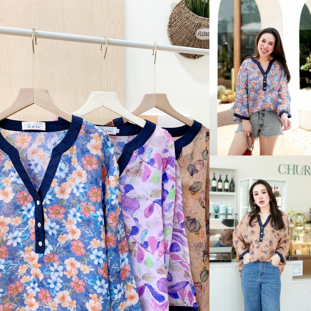 Lynlalin เสื้อคอจีนวี ผ้าลินิน พิมพ์ลายดอกไม้ แขนยาว 6 ส่วน ทรงหน้าสั้นหลังยาว รุ่น ลินินดอกไม้