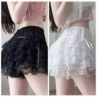 ส่งจากไทย💗กางเกงขาสั้นลายลูกไม้สีดำ เอวสม๊อคยืด รอบเอว 64 ซม น่ารักและหวาน #F078