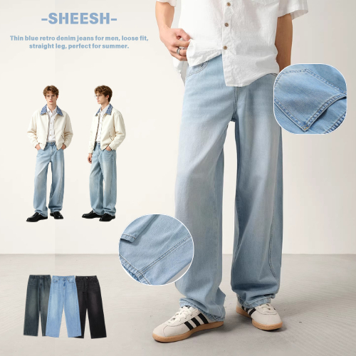 SHEESH กางเกงยีนส์ทรงตรง ยูนิเซ็กส์ เอวกลาง มี3สี ฟ้าอ่อน ฟ้าลึก ดำ ไซส์ M-3XL ใส่สบาย ทรงสวย
