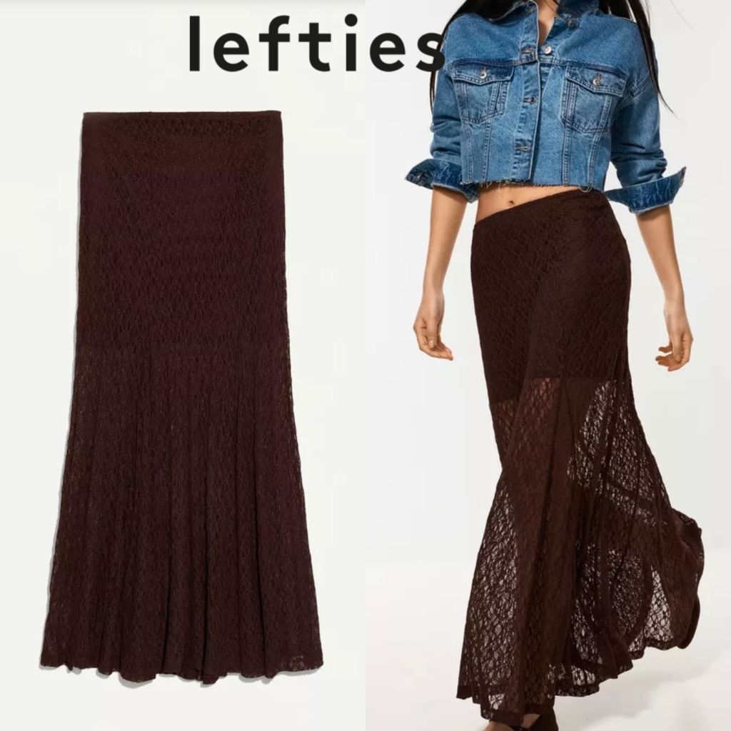 Lefties กระโปรงแม็กซี่ผ้าลูกไม้สีน้ำตาลเข้ม