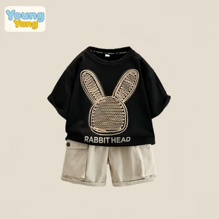 BB235 ชุดเซตเด็กผู้ชาย 2 ชิ้น เสื้อยืดสีดำลายกระต่าย กางเกงขาสั้นสีครีม ชุดเด็กแฟชั่น