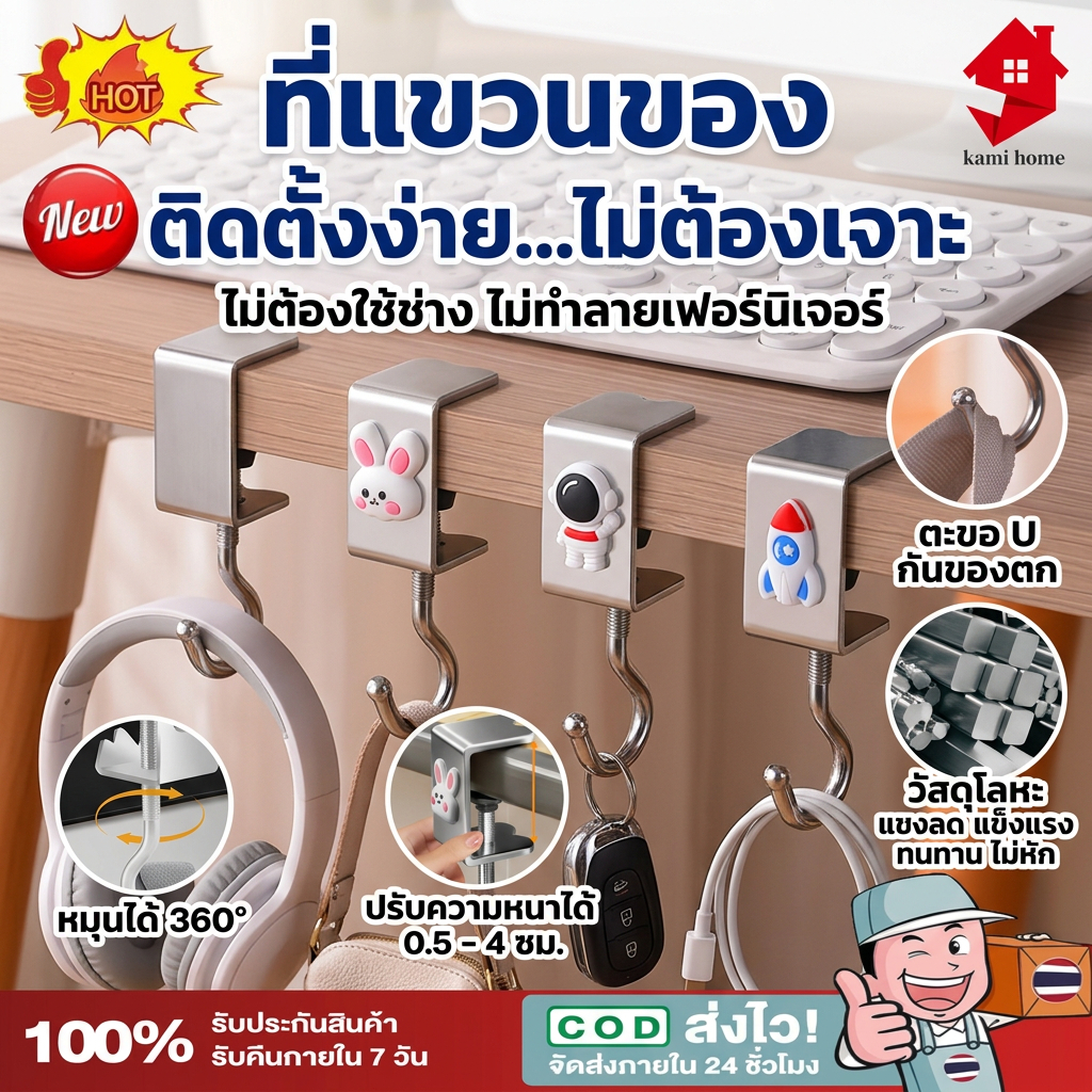 ตะขอแขวนขอบโต๊ะ อเนกประสงค์ หมุนปรับได้ ตะขอตั้งโต๊ะโลหะ Metal hook【COD】