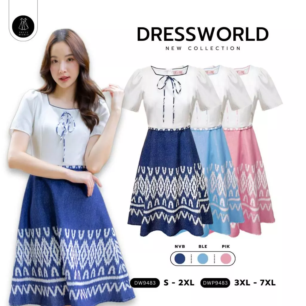 Fairyangelstore - เดรสคอเหลี่ยมกระโปรงลายไทย (DW9483)