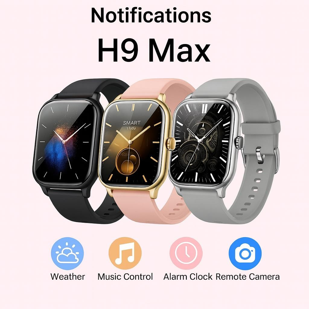 H9 Max Smart Watch: Wireless Calls, Music Control & Fitness Tracking  USB Rechargeable, Silicone Str