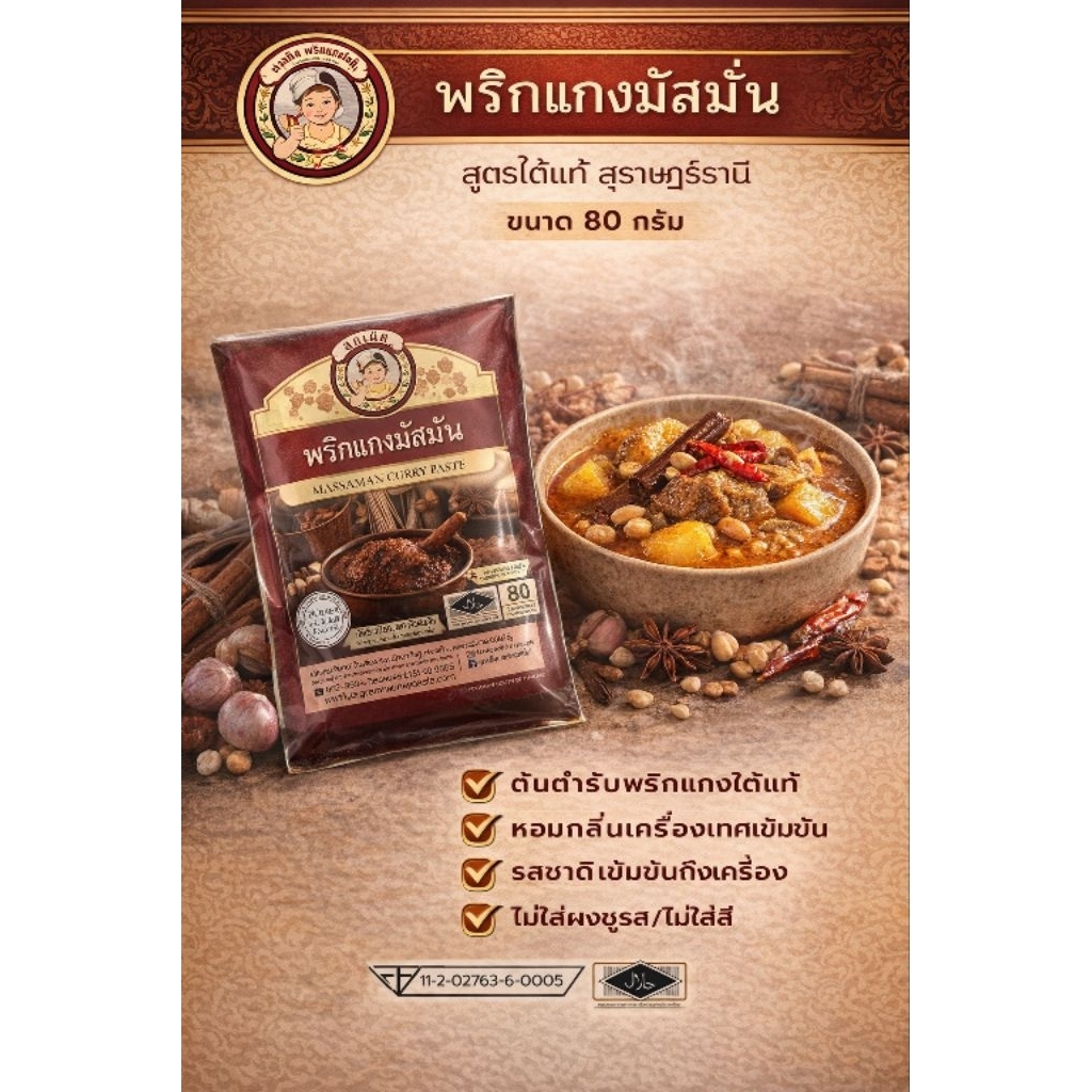 พริกแกงมัสมั่น ขนาด 80 กรัม มีฮาลาล พาสเจอร์ไรด์ อยู่ได้ 1 ปีในอุหภูมิห้อง