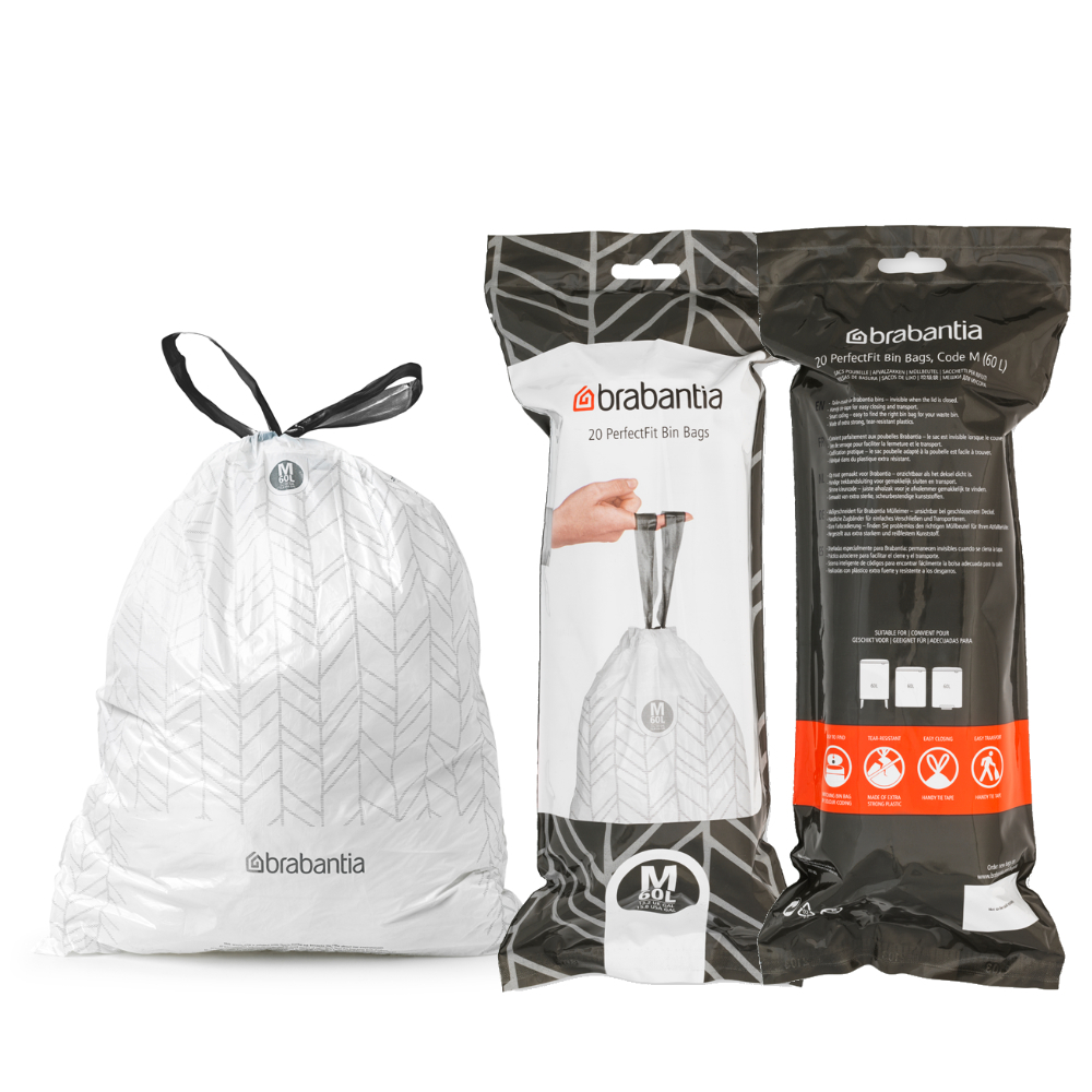 Brabantia ถุงขยะรุ่น PerfectFit Code M (60 ลิตร) แพ็ค3ม้วน รวม 60 ใบ ไม่เห็นขอบถุง เหนียวทนทาน