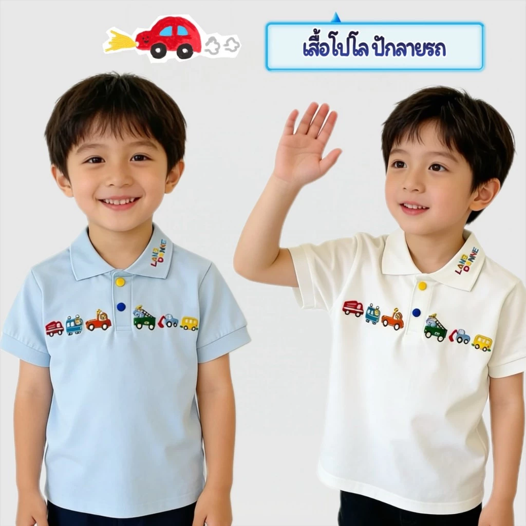 MC233 เสื้อโปโลเด็กผู้ชาย ปักรถการ์ตูน เสื้อยืดคอปกเด็ก ใส่เที่ยว ใส่ออกงาน
