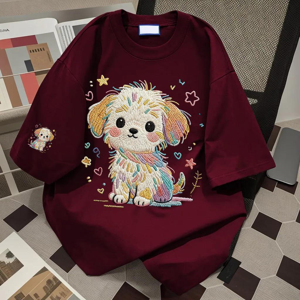 เสื้อยืดโอเวอร์ไซส์ผู้หญิงและผู้ชาย ผ้าวัสดุอ่อนนุ่ม สีแดงมะนาว ลายสุนัขสไตล์คิวท์ สบายใส่ ยอดนิยม 3.16