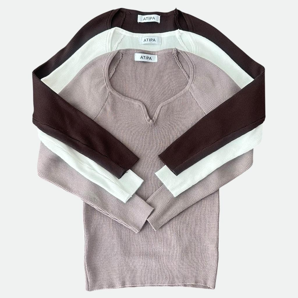 Atipashop - Refined Rib Knit Top | เสื้อไหมพรมแขนยาวคอวี นุ่มยืดเยอะ ใส่สบาย