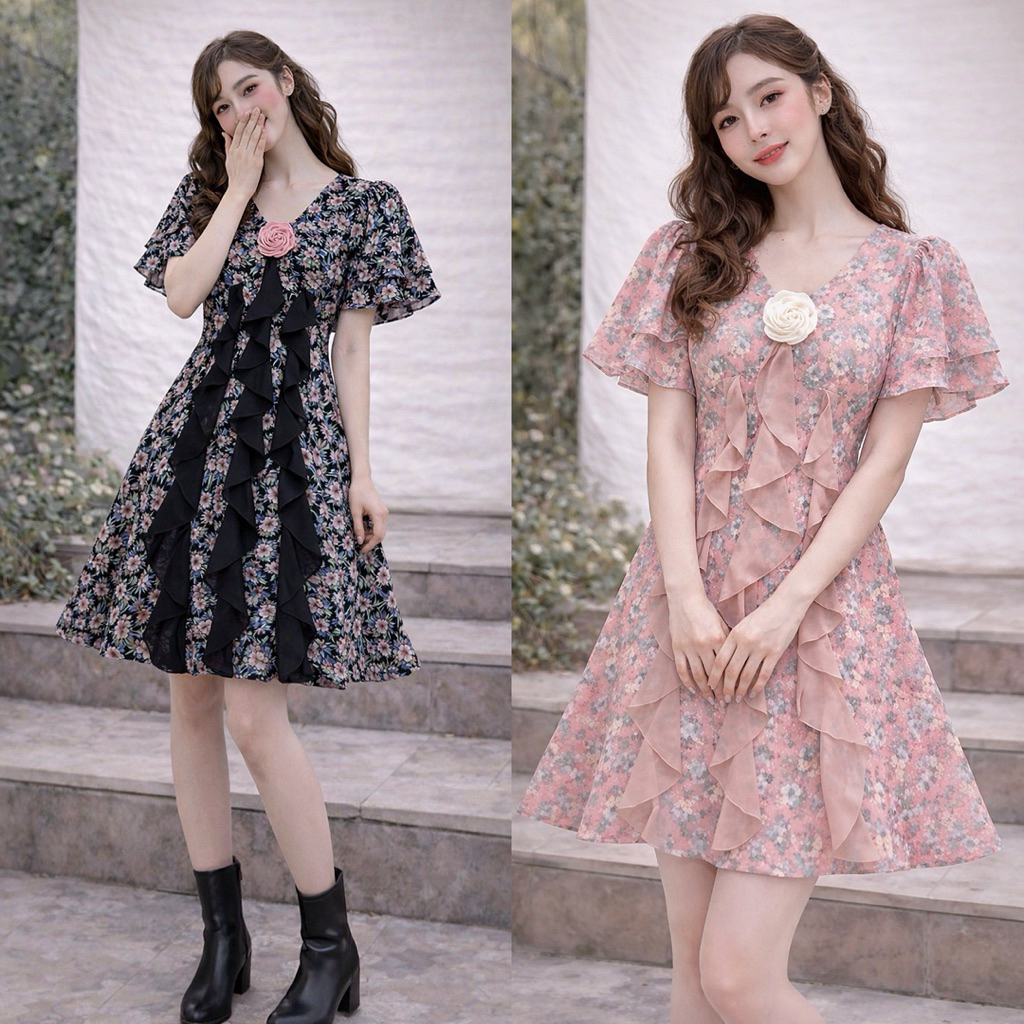 พร้อมส่งแบรนด์ไทยผลิตเอง🇹🇭 Blush Bloom Dress (รหัสชุด DR-901 )เดรสชีฟองตกแต่งระบายด้านหน้า ยาว33“