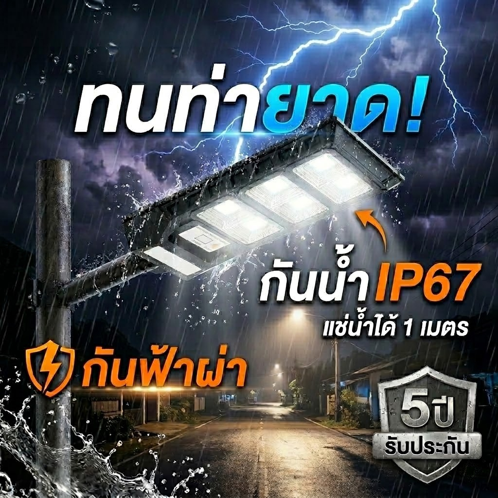 ไฟถนนโซล่าเซลล์ 700000W สว่างยันเช้า ค่าไฟ 0 บาท กันน้ำ IP67 มีเซนเซอร์ ประกัน 5 ปี ราคา ถูกที่สุด ดีลบีเคเค แกลเลอรีภาพที่ 3