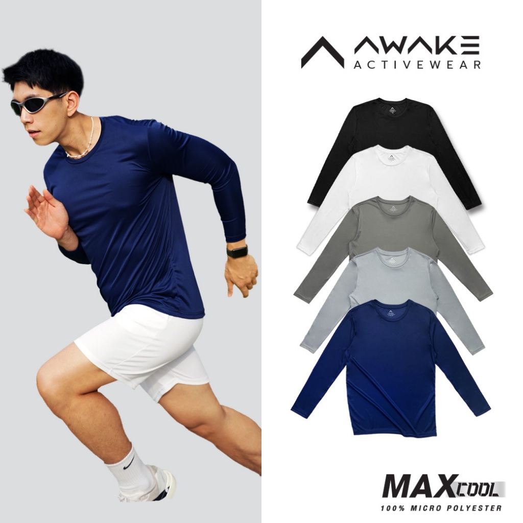 AWAKE เสื้อกีฬาคอกลมสีพื้น ไมโครสปอร์ตแขนยาว