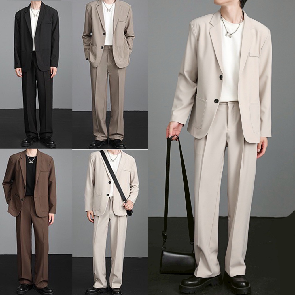 Suit-M05 ชุดสูทผู้ชาย เสื้อ+กางเกง Blazer เสื้อสูทเสริมไหล่ แบบ2กระดุม ชุดสูททำงาน ชุดไปงานแต่ง