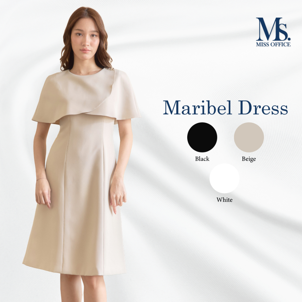 (ความยาว 40 นิ้ว) Miss Office เดรสแขนกุดแต่งคลุมไหล่ทบป้าย (Maribel Dress : MD-136)