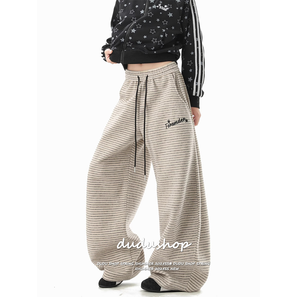 [Side-striped casual wide-leg pants]สไตล์อเมริกันวินเทจหญิงภาควิชาแจ๊สเต้นรำด้านข้างลายลำลองกางเกงขากว้าง
