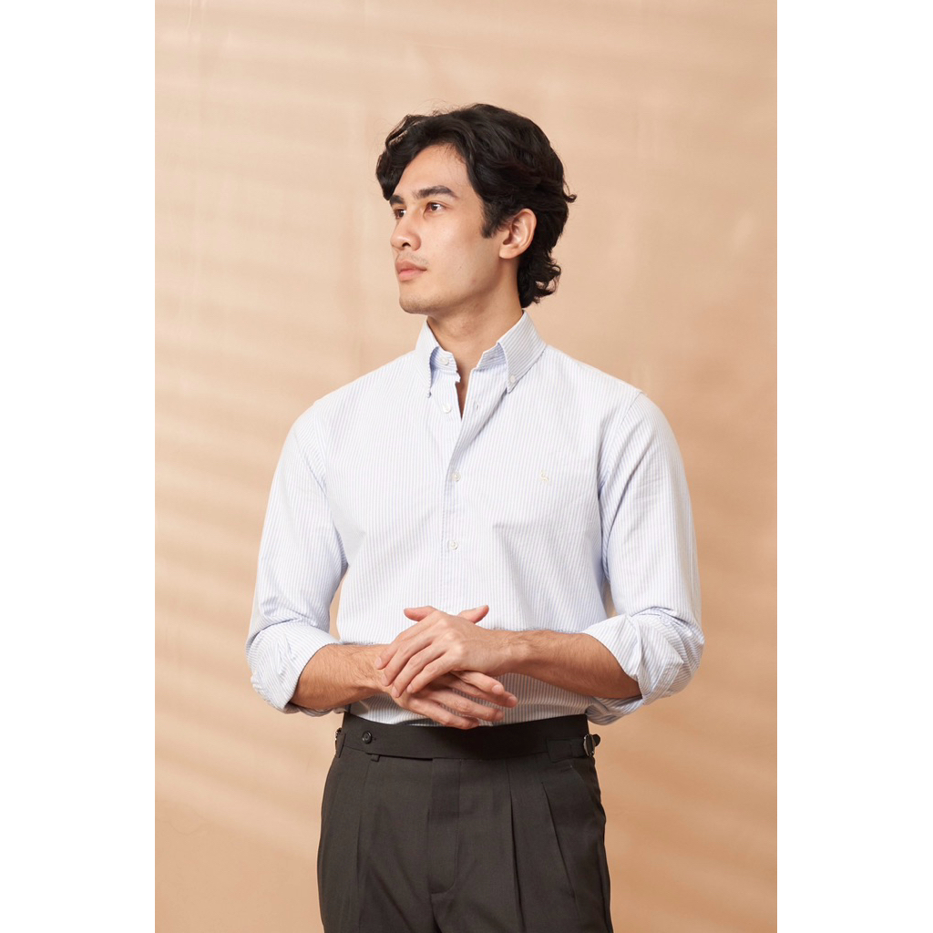 [Code20%ทักแชท]The Oxford Shirt ลายทางฟ้า Blue Stripe | ผ้า Cotton 100% | Button-Down Collar | Regular Fit | โลโก้กวาง
